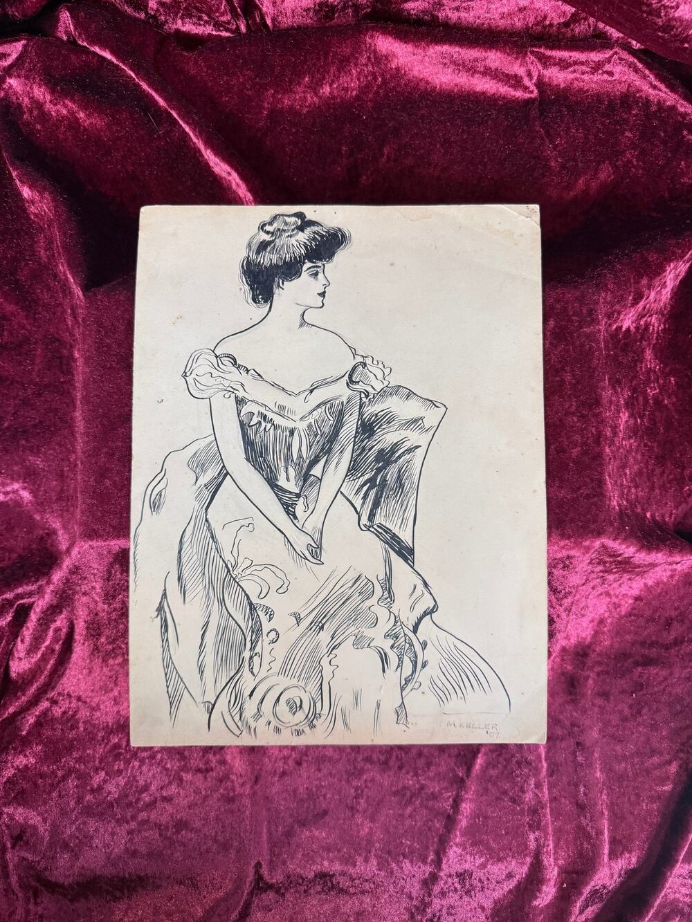 Antique Pen Ink Illustration Edwardian Gibson Girl Seated Portrait Signed 1909